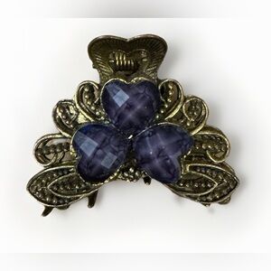 Vintage Metal Ornate gold Purple Heart Rhinestones Hair Claw Clip Small